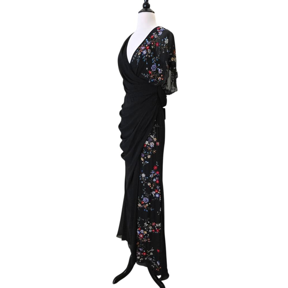 Mac Duggal Evening 26530 Beaded Floral Wrap 2 Gown Black Chiffon Embellished V - Picture 6 of 14